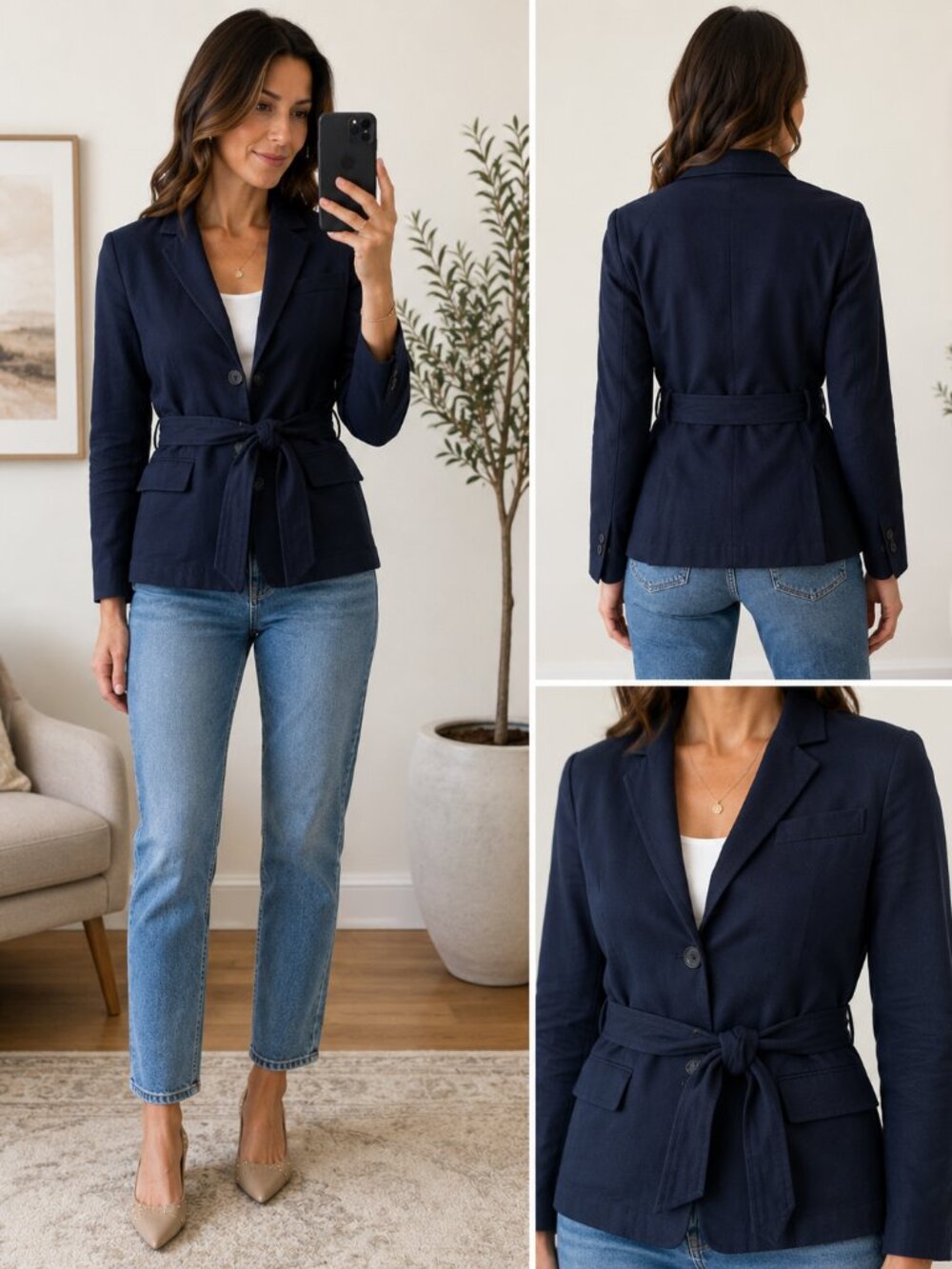 Theory Navy Belted Safari Style Utility Blazer Jacket Tailored Cropped Size 2